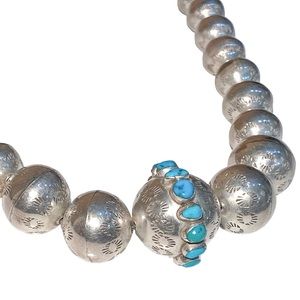 Vintage Hand Stamped Native American / Navajo Pearl Necklace w/ Turquoise Stones
